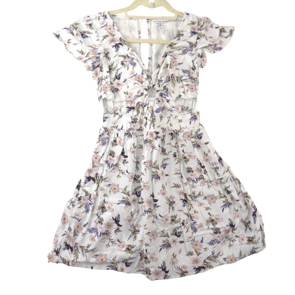 American Eagle Outfitters Floral Cutout Mini Dress White Pink XXS - Picture 1 of 4